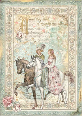 Beautiful Sleeping Beauty Prince on Horse Stamperia A4 Rice Papers are of Exquisite Quality for Decoupage crafts. Thin yet durable. Imported from Europe. Beautiful colors, great patterns