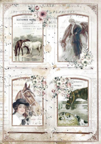 Beautiful Romantic Horses 4 Frames Stamperia A4 Rice Papers are of Exquisite Quality for Decoupage crafts. Thin yet durable. Imported from Europe. Beautiful colors, great patterns
