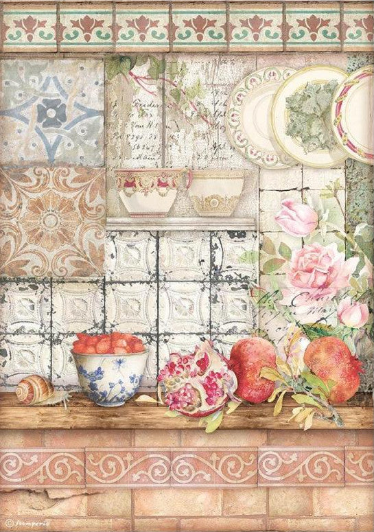 European made Casa Granada Tiles Stamperia A4 Rice Papers are of Exquisite Quality for Decoupage Art. Has blue and tan tiles with counter of fruit and pink roses.