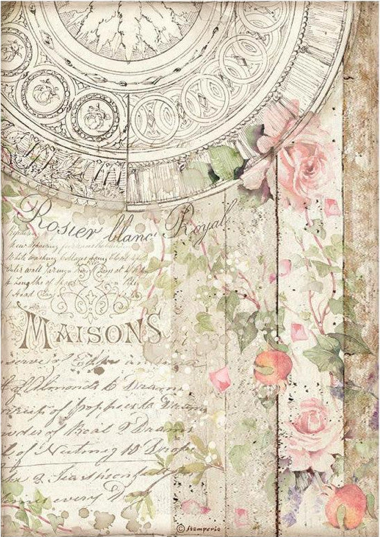 European made Casa Granada Maisons Stamperia A4 Rice Papers are of Exquisite Quality for Decoupage Art.  Pink flowers on wood and script background.