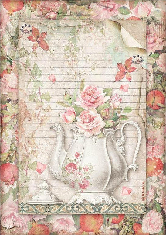 European made Casa Granada Teapot & Flowers Stamperia A4 Rice Papers are of Exquisite Quality for Decoupage Art.. Red roses and white teapot.