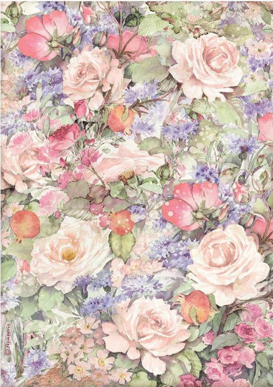 European made Casa Granada Flowers Stamperia A4 Rice Papers are of Exquisite Quality for Decoupage Art. Vibrant floral pattern with pink, beige and purple flowers.