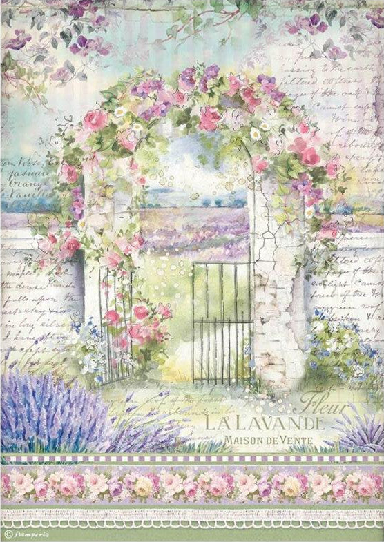European Provence Arch Stamperia A4 Rice Papers are of Exquisite Quality for Decoupage Art. Has a garden arch with pink and lavender flowers on top.