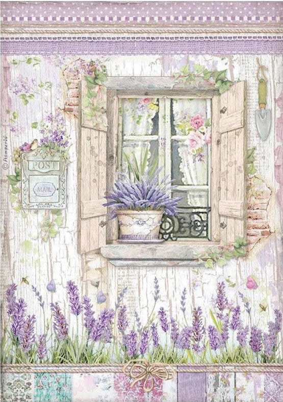 European Provence Window Stamperia A4 Rice Papers are of Exquisite Quality for Decoupage Art. Has lavender floral pattern with window and wood shutters.