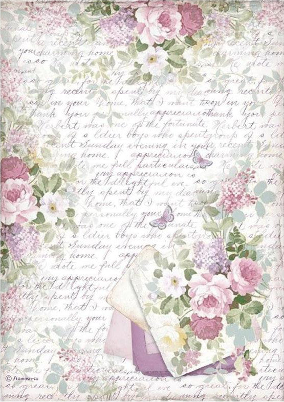 European Provence Bouquet Stamperia A4 Rice Papers are of Exquisite Quality for Decoupage Art. Has pink flowers, butterflies and lavender script.