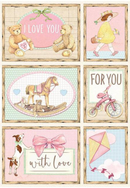 Baby themed with teddy bears, rocking horse, tricycle, ktite. Pink background. Stamperia Daydream Cards Pink A4 Rice Papers are of Exquisite Quality for Decoupage crafts. Thin yet durable. Imported from Europe