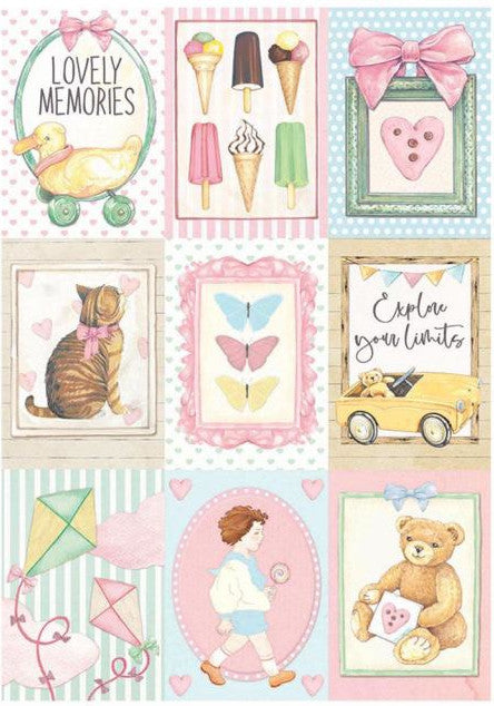 Baby themed with Cat, bear, kite, popsicles, toys. Pink and blue. Stamperia Daydream Small Cards Pink A4 Rice Papers are of Exquisite Quality for Decoupage crafts. Thin yet durable. Imported from Europe