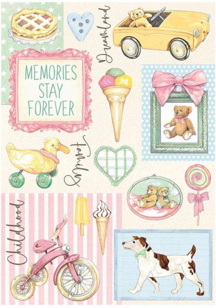 Childrens theme with teddy bear, ice cream, toys, dog. Stamperia Daydream Accessories Pink A4 Rice Papers are of Exquisite Quality for Decoupage crafts