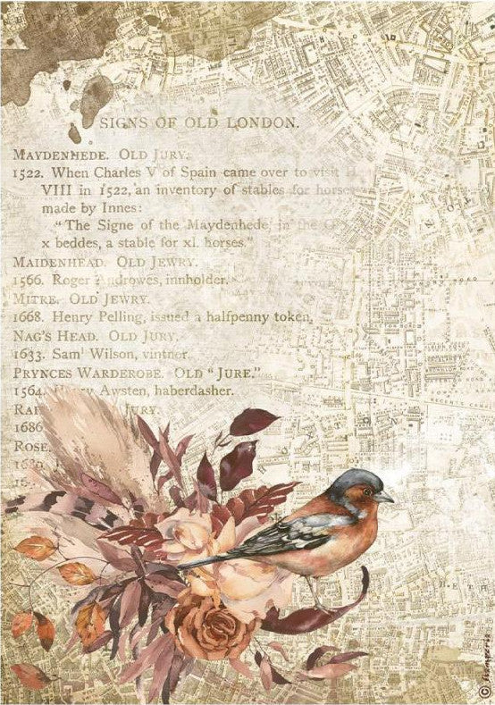 European Our Way Bird Stamperia A4 Rice Papers are of Exquisite Quality for Decoupage Art. Has a vintage bird standing in orange burgundy flowers.