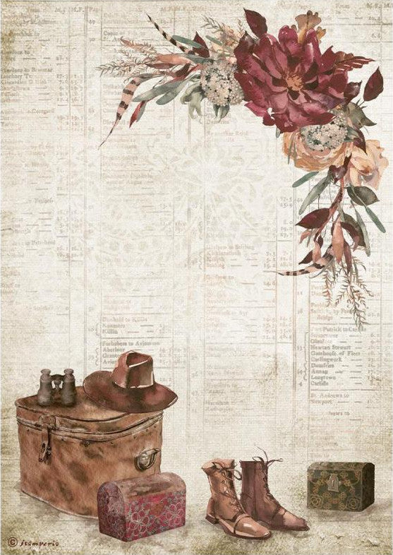 European Our Way Country Elements Stamperia A4 Rice Papers are of Exquisite Quality for Decoupage Art. Has red flowers and vintage hat, boots, travel trunk.