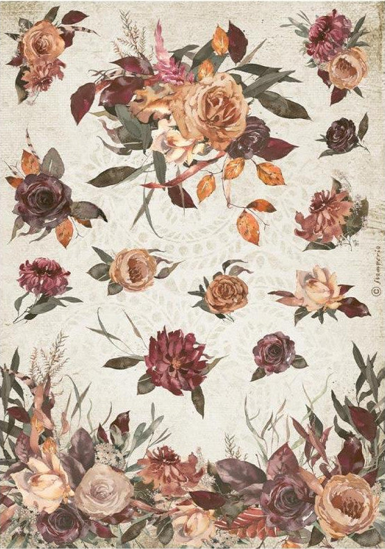 European Our way Flowers Stamperia A4 Rice Papers are of Exquisite Quality for Decoupage Art. Has vintage roses, flowers in burgundy and peach.