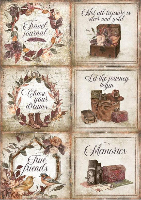 European Our Way Cards Stamperia A4 Rice Papers are of Exquisite Quality for Decoupage Art. Has vintage wreath and vintage travel trunk with camera, shoes hat.
