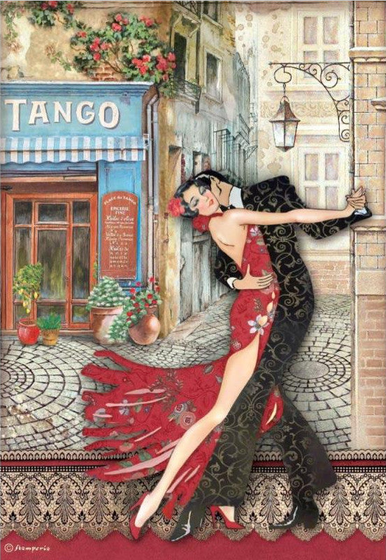 European Desire Tango Stamperia A4 Rice Papers are of Exquisite Quality for Decoupage Art. This Decoupage Paper is ideal for Scrapbooking. Woman in Red dress dancing with male in black tuxedo.