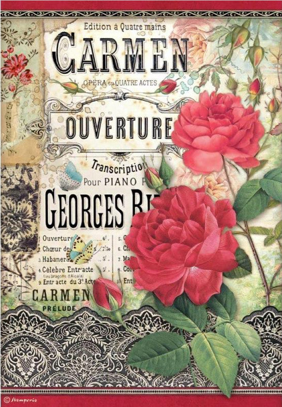 European large red roses Carmen Overture Stamperia A4 Rice Papers are of Exquisite Quality for Decoupage Art. Vibrant colorful patterns. This Decoupage Paper is ideal for Scrapbooking