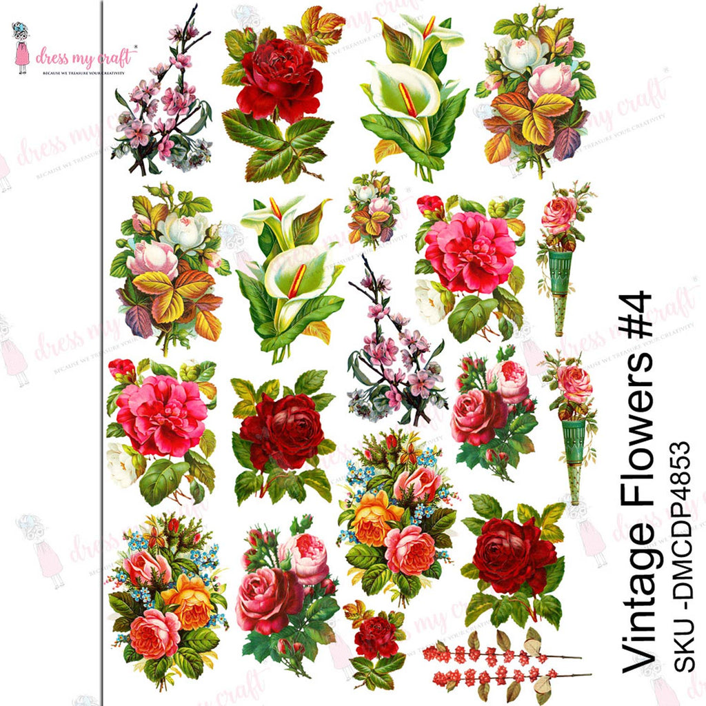 Shop Vintage Flowers-4 Dress My Craft Transfer Me Papers for Decoupage Art. Beautiful, Vibrant. Enhances look of Wood, Metal, Plastic, Leather, Marble, Glass