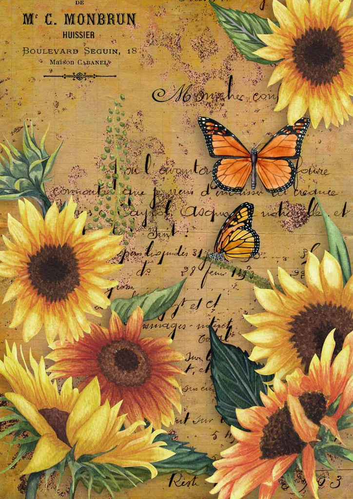 These golden Sunflower and Monarch butterfly A3 Rice Papers from Decoupage Queen are manufactured in Italy using Eco-friendly inks. This craft paper is delicate yet durable and perfect for Decoupage Art, Mixed Media