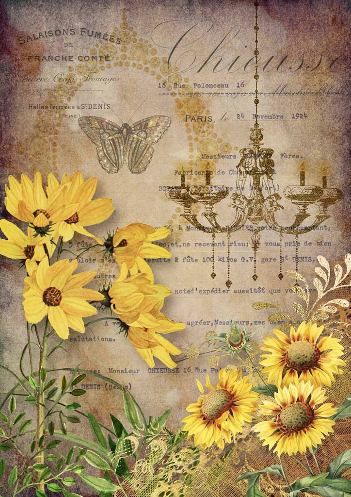 Shop yellow Sunflowers & gold Chandelier A3 Rice Papers from Decoupage Queen are manufactured in Italy using Eco-friendly inks. This craft paper is delicate yet durable and perfect for Decoupage Art, Mixed Media, Scrapbooking