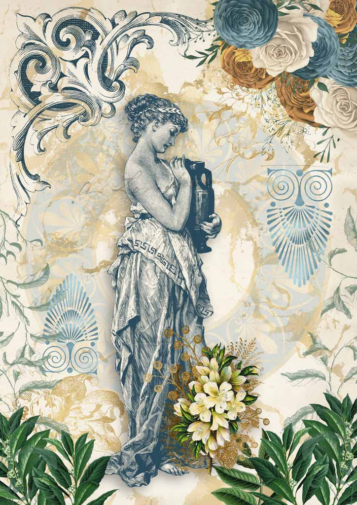 Shop Blue and Beige Grecian Goddess A3 Rice Papers from Decoupage Queen are manufactured in Italy using Eco-friendly inks. This craft paper is delicate yet durable and perfect for Decoupage Art, Mixed Media, Scrapbooking