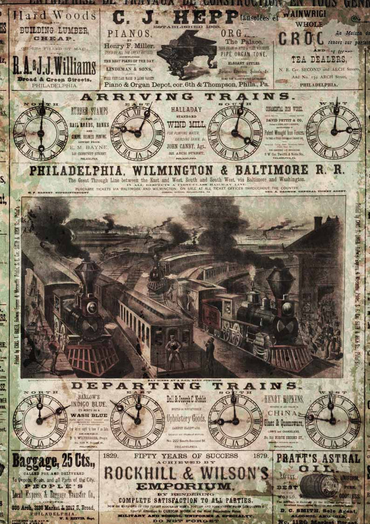 Shop antique sepia Arriving Trains A3 Rice Papers from Decoupage Queen are manufactured in Italy using Eco-friendly inks. This craft paper is delicate yet durable and perfect for Decoupage Art, Mixed Media, Scrapbooking