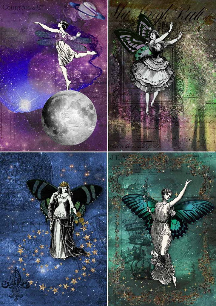 These gorgeous Blue Green and Purple Fairy Four Pack A3 Rice Papers from Decoupage Queen are manufactured in Italy using Eco-friendly inks. This craft paper is delicate yet durable and perfect for Decoupage Art, Mixed Media, Scrapbooking