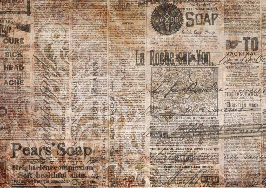 These Sepia and Black Newsprint A3 Rice Papers from Decoupage Queen are manufactured in Italy using Eco-friendly inks. This craft paper is delicate yet durable and perfect for Decoupage Art, Mixed Media, Scrapbooking, Art Journaling