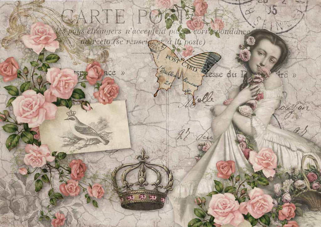 Shop Vintage Lady with Pink Roses and Crown Rosie's Postcard Decoupage Queen A3 Rice Paper for Decoupage