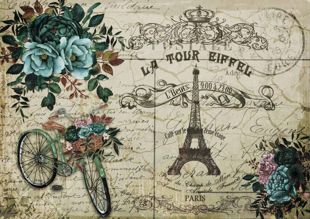 Shop La Tour Eiffel Blue Pink Flowers and Bike in Paris Decoupage Queen A3 Rice Paper for Decoupage