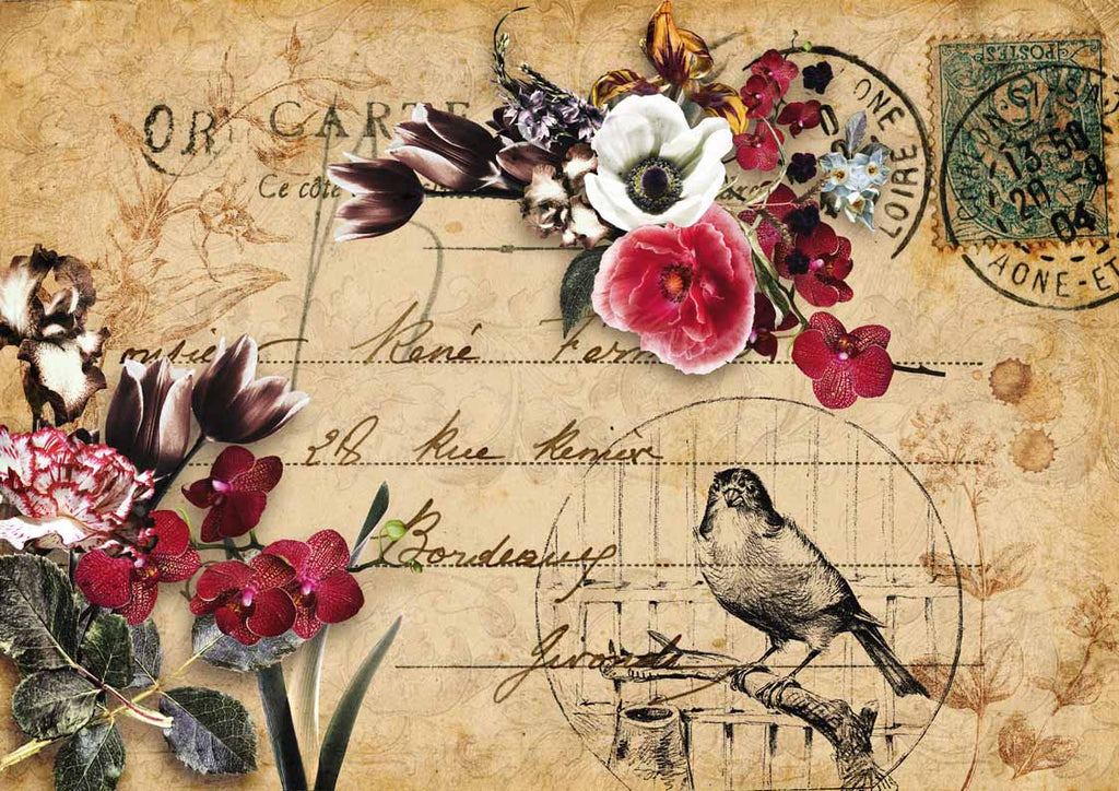 Shop Love Heather Birds Script and Pink Flowers on Gold Postcard Decoupage Queen A3 Rice Paper for Decoupage