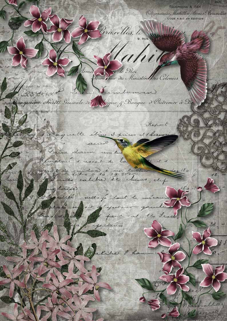 Shop Grey and Burgundy Hummingbird Song Decoupage Queen A3 Rice Paper for Decoupage