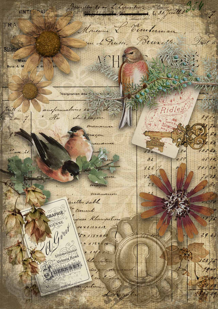 Shop Autumn Birds on Gold Background with Sunflowers Decoupage Queen A3 Rice Paper for Decoupage