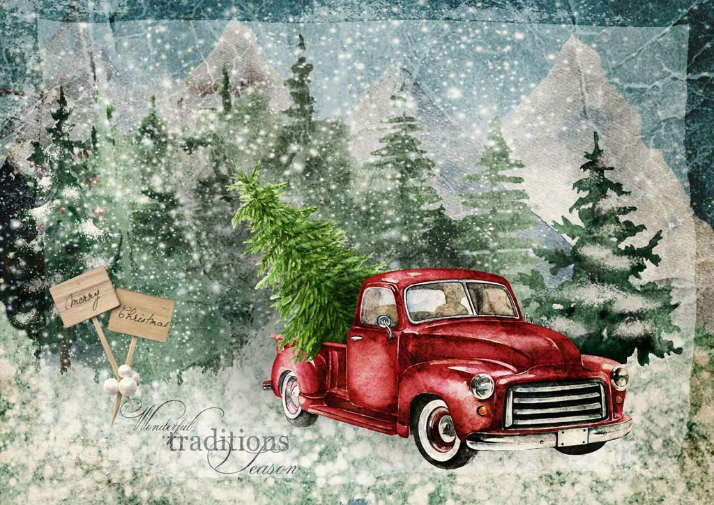 These gorgeous Winter Traditions with Red Truck A3 Rice Papers from Decoupage Queen are manufactured in Italy using Eco-friendly inks. This craft paper is Perfect for Decoupage Art, Mixed Media
