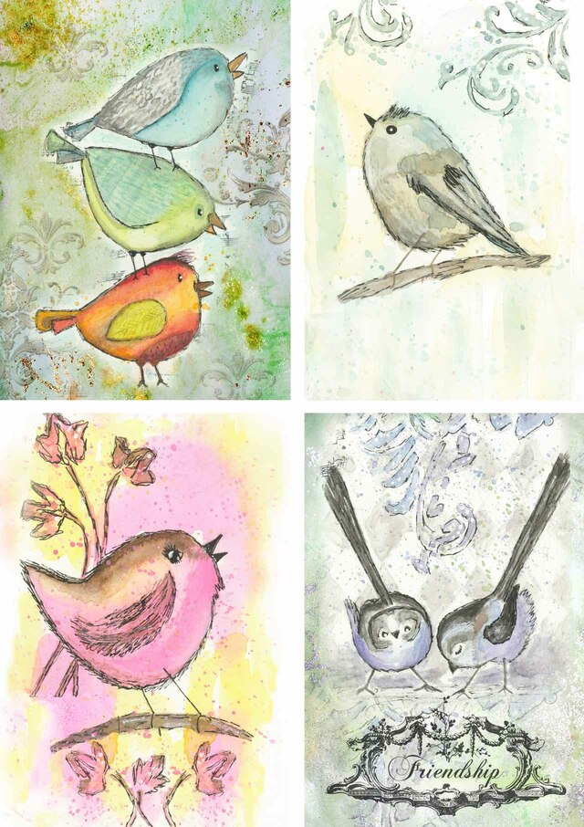These gorgeous colorful birds Ooh La La Sweet Tweeties A3 Rice Papers from Decoupage Queen are manufactured in Italy using Eco-friendly inks. This craft paper is delicate yet durable and perfect for Decoupage Art