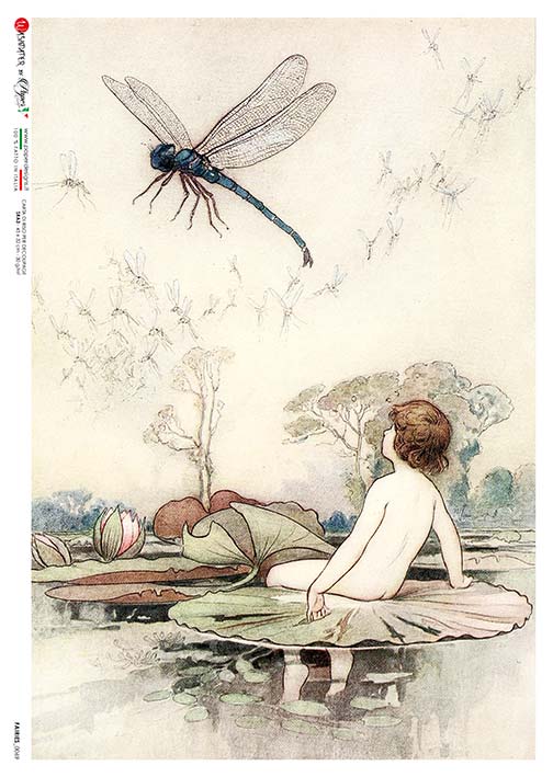 This Beautiful Dragonfly Fairy on Lilly Pad  A5 Rice Paper is of Exquisite Quality for Decoupage crafts. Thin yet durable. Imported from Europe. Beautiful colors