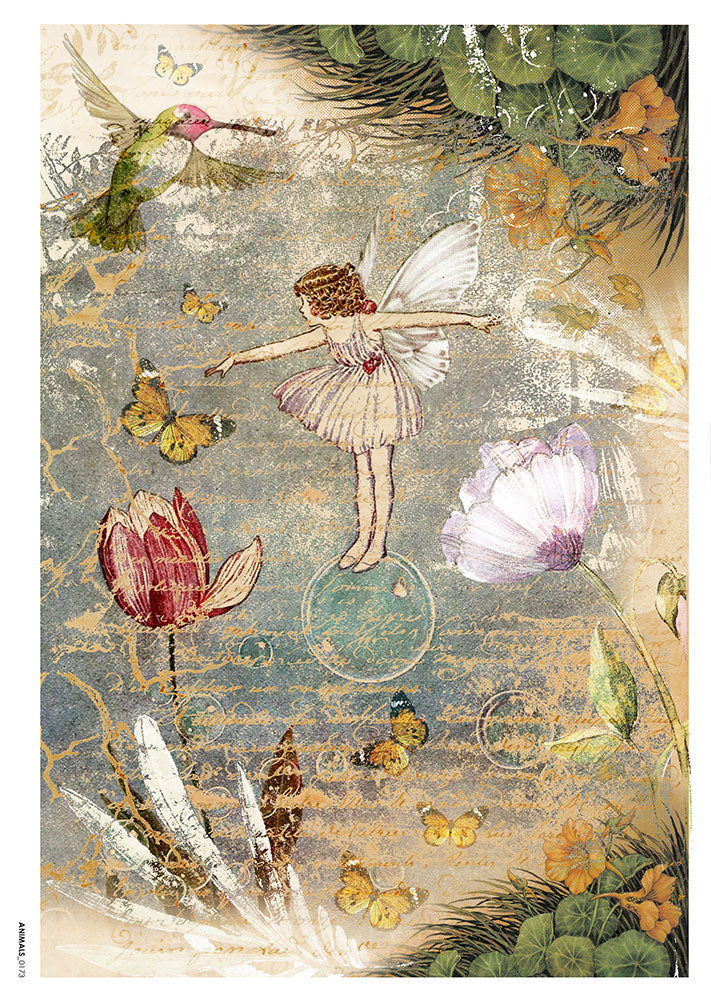 fairy floating on bubble with butterflies and  humming bird European Paper Designs Italy Rice Paper is of exquisite Quality for Decoupage art