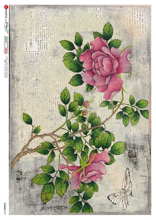 pink roses on a vine European Paper Designs Italy Rice Paper is of exquisite Quality for Decoupage art