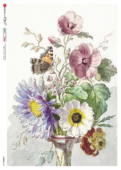 Flowers and butterfly in a vase European Paper Designs Italy Rice Paper is of exquisite Quality for Decoupage art