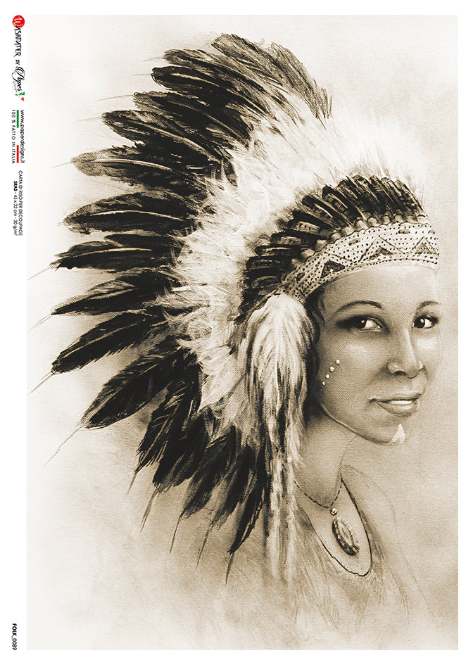 American Indian Woman Girl Sketch A5 Rice Paper for Decoupage Crafting, Scrapbooking, Journaling, Card making