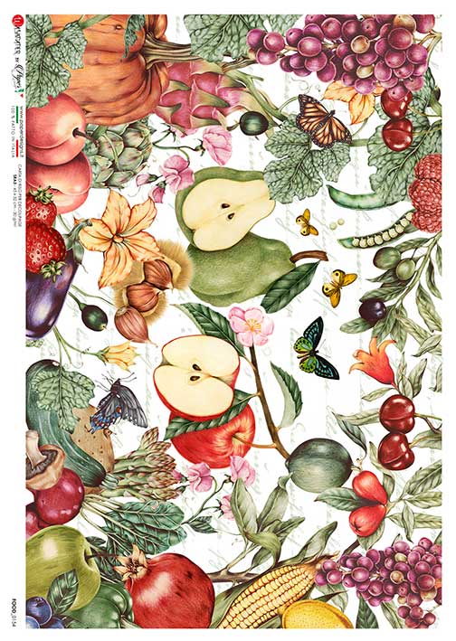 Array of food apples cherries pumpkin European Paper Designs Italy Rice Paper is of exquisite Quality for Decoupage art