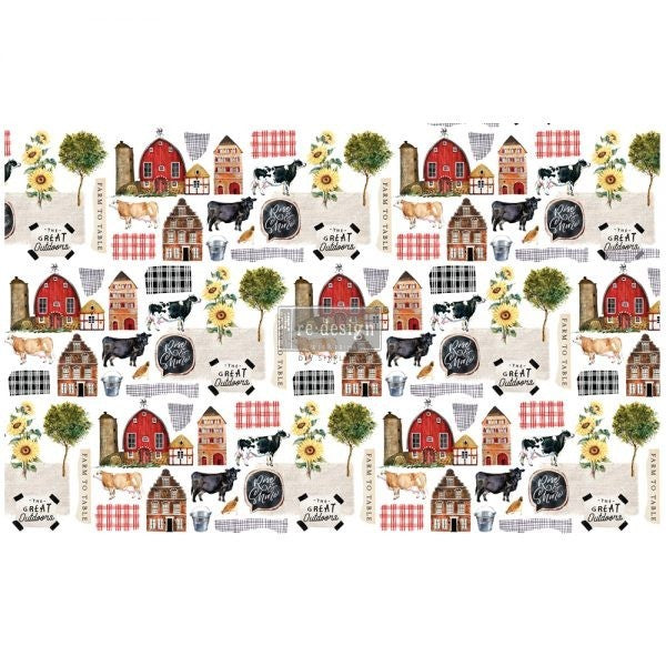 Repeat pattern of small barns, cows, sunflowers-ReDesign with Prima Décor Tissue Paper for Decoupage