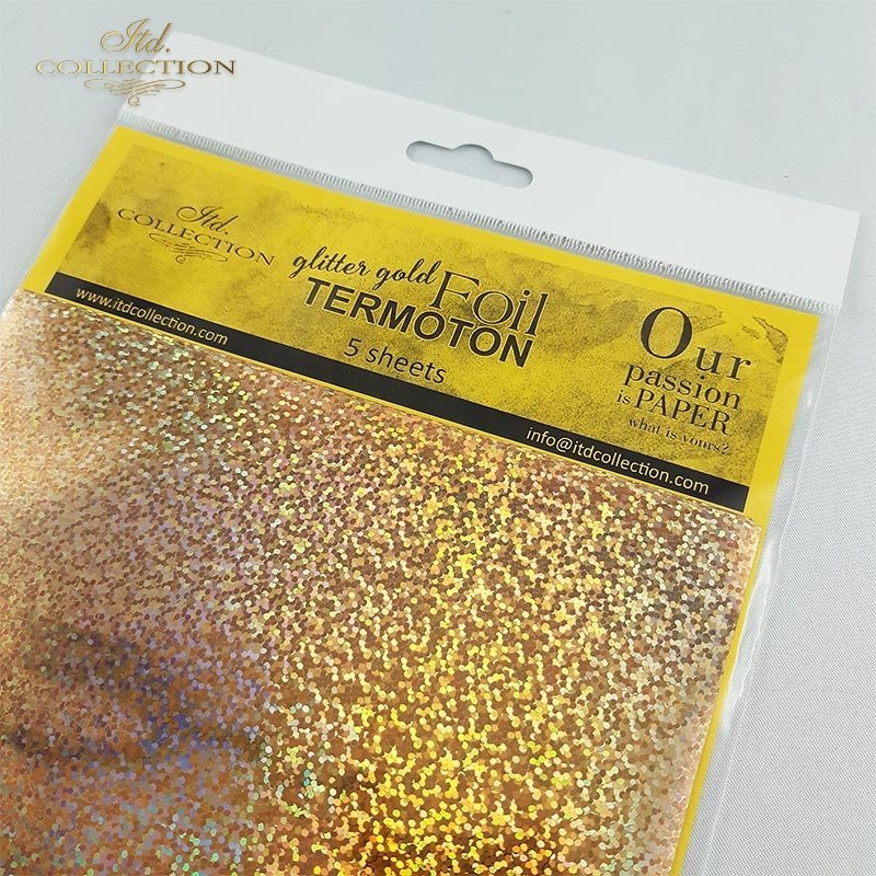 ITD Collection - Termoton Foil Sheets 6"x6" 5/Pkg - Glitter Gold Metallic. Add shimmer and shine to any project. This pack of 10 sheets can add a metallic element to your projects with or without the use of hot foiling