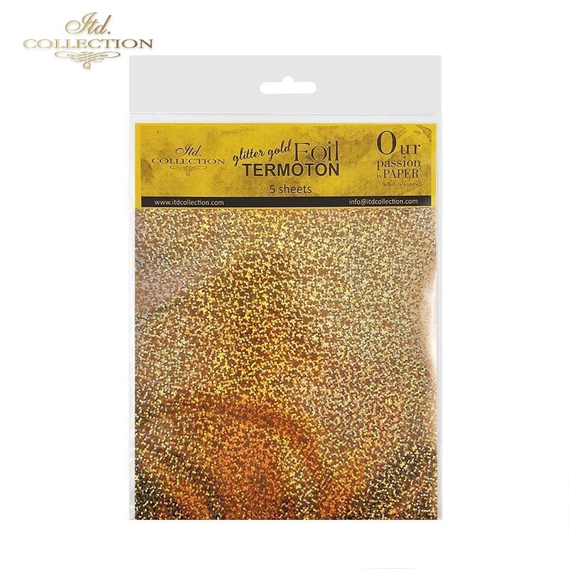 ITD Collection - Termoton Foil Sheets 6"x6" 5/Pkg - Glitter Gold Metallic. Add shimmer and shine to any project. This pack of 10 sheets can add a metallic element to your projects with or without the use of hot foiling