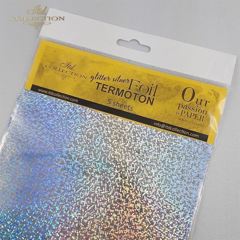 ITD Collection - Termoton Foil Sheets 6"x6" 5/Pkg - Glitter Silver Metallic. Add shimmer and shine to any project. This pack of 10 sheets can add a metallic element to your projects with or without the use of hot foiling