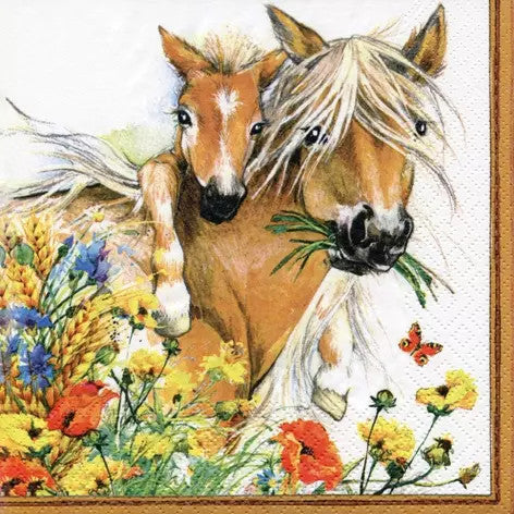 These Horses in Summer Meadow Decoupage Paper Napkins are exceptional quality. Imported from Europe. 3-ply. Ideal for Decoupage Crafting, DIY craft projects, Scrapbooking