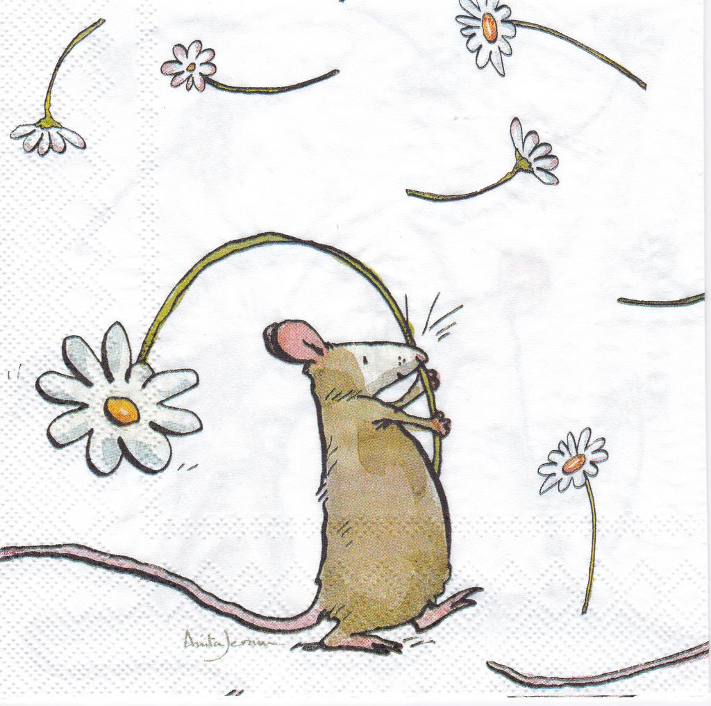 Cute Mouse playing with Daisy  Decoupage Napkin for Crafting and Scrapbooking