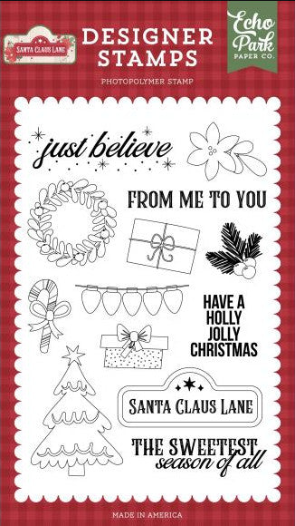 Echo Park Just Believe Christmas clear high quality Photopolymer Stamps.  Ink used on these stamps has excellent adhesion and the stamp produces a very crisp and detailed stamped image