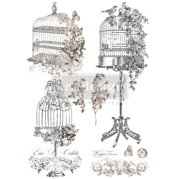 Silver birdcages with pink flowers. La Voliere 24"x35" ReDesign with Prima Rub on Transfer 