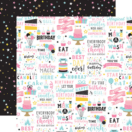 Magical Birthday Girl Eat Cake Echo Park Journaling Card, Seasonal Collection - 12"x12" Double-Sided Scrapbooking Cardstock
