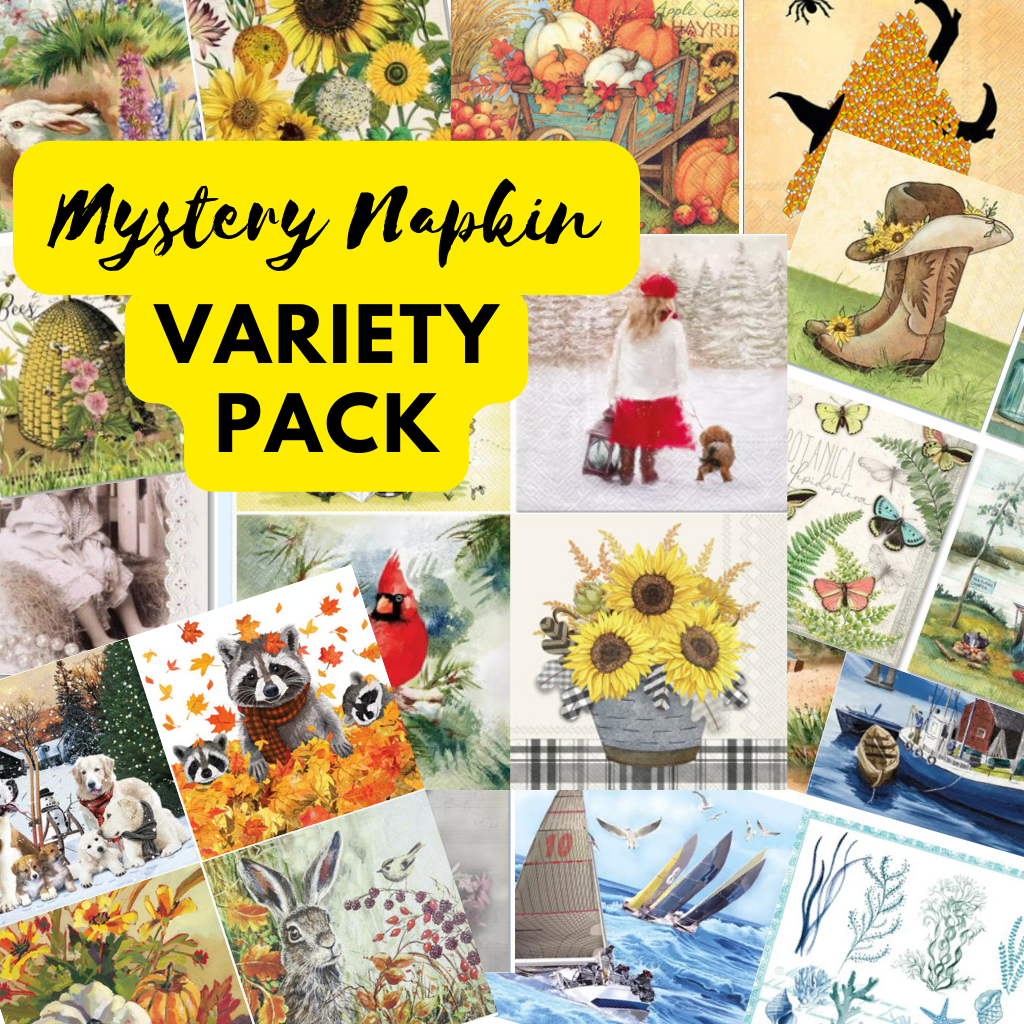 Mystery Napkin Variety Pack. Luncheon and Cocktail size. These Decoupage Paper Napkins are imported from Europe. They are 3-ply and have a silky feel, with vivid ink colors.