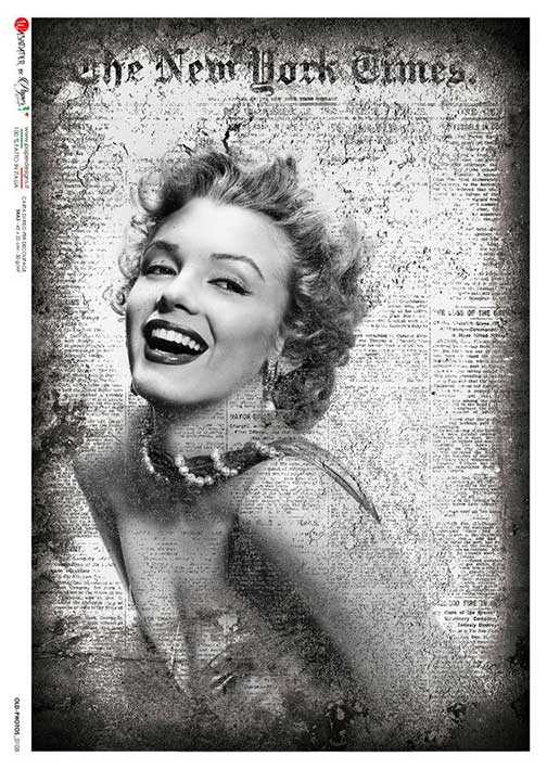 Marilyn Monroe in grey on New York Times paper European Paper Designs Italy Rice Paper is of exquisite Quality for Decoupage art