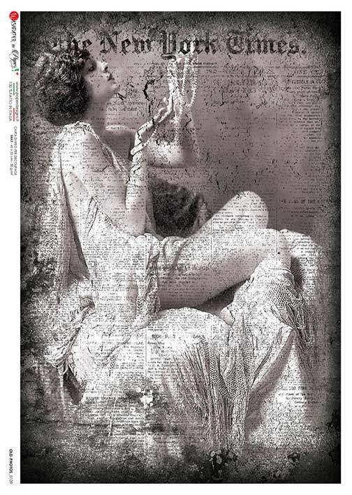 woman in white on New York Times paper European Paper Designs Italy Rice Paper is of exquisite Quality for Decoupage art